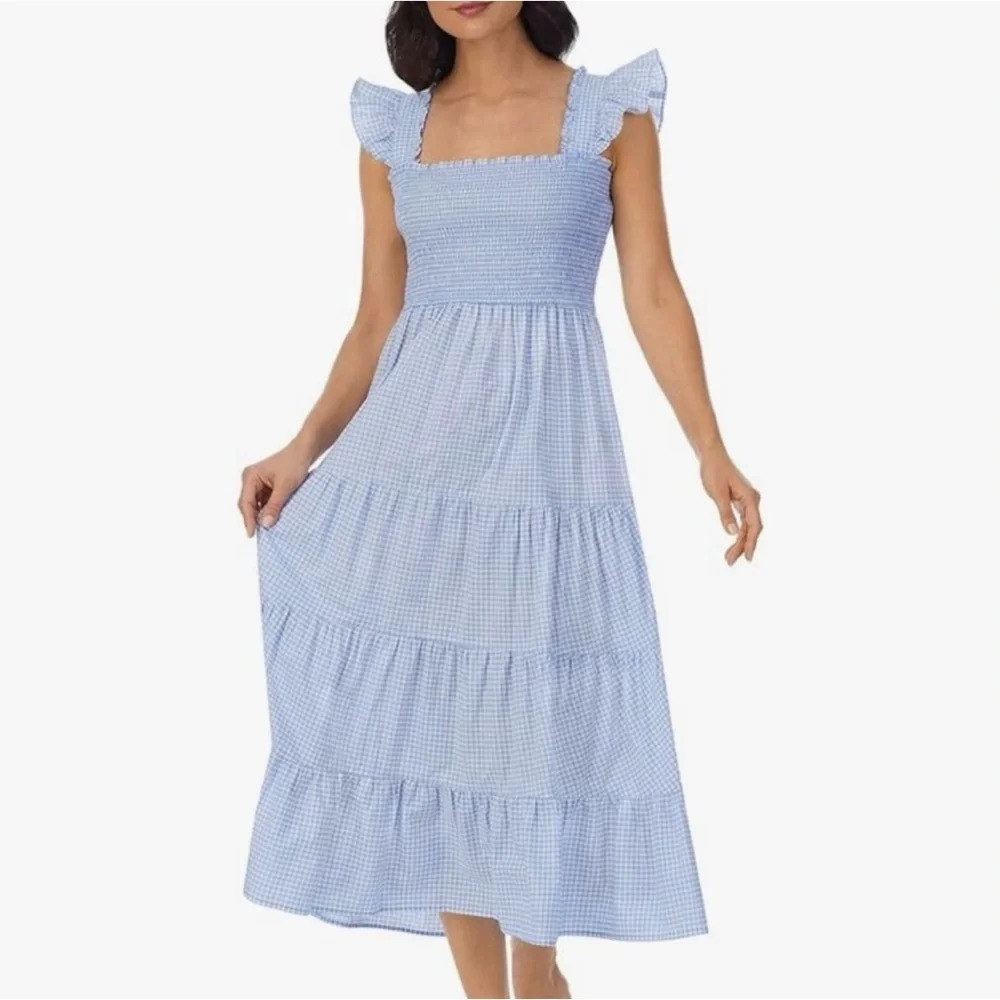 Eileen West Gingham Smocked Tiered Midi Dress NWT